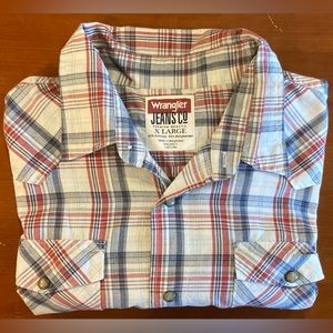 Wrangler Mens Plaid Pearl Snap Shirt Size XL Long Sleeve Gray Red Blue